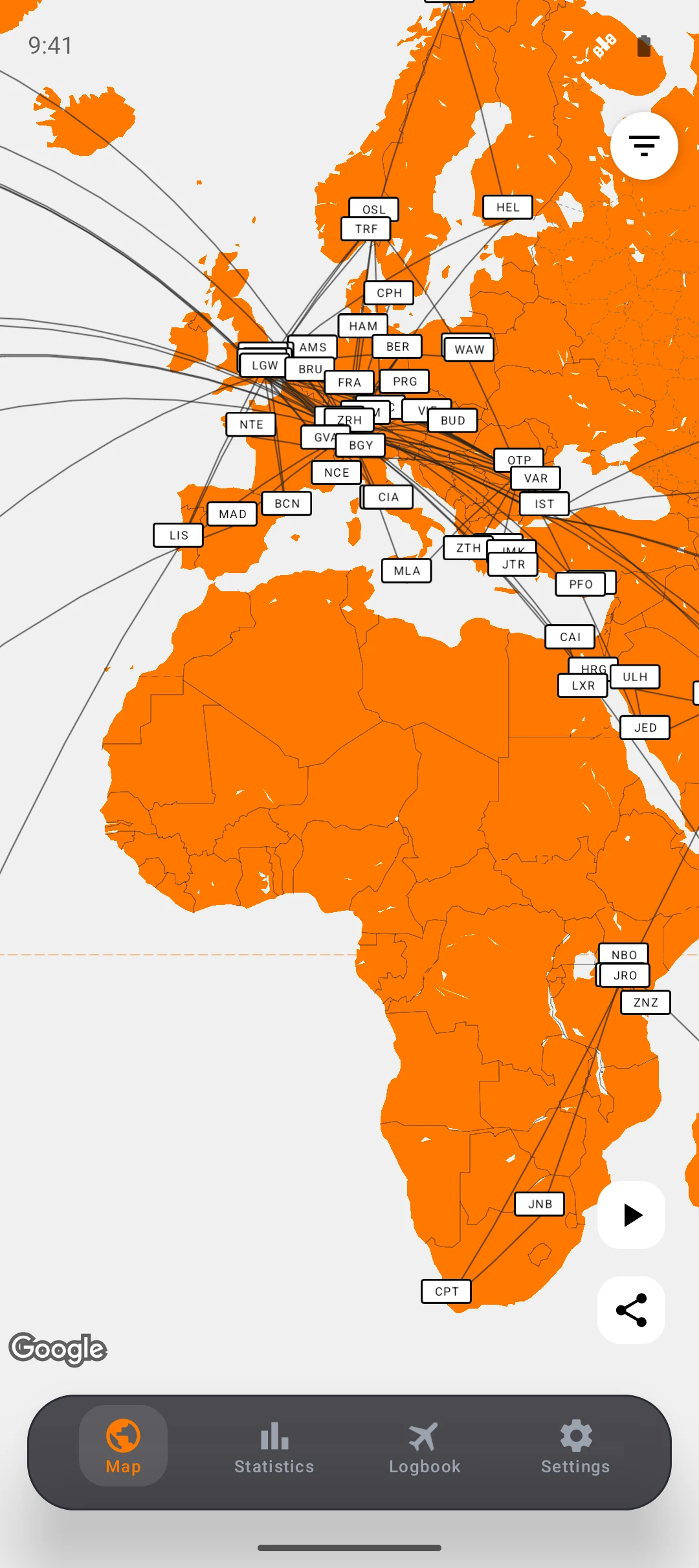 AirJourneys map showing flown routes across Europe and Africa